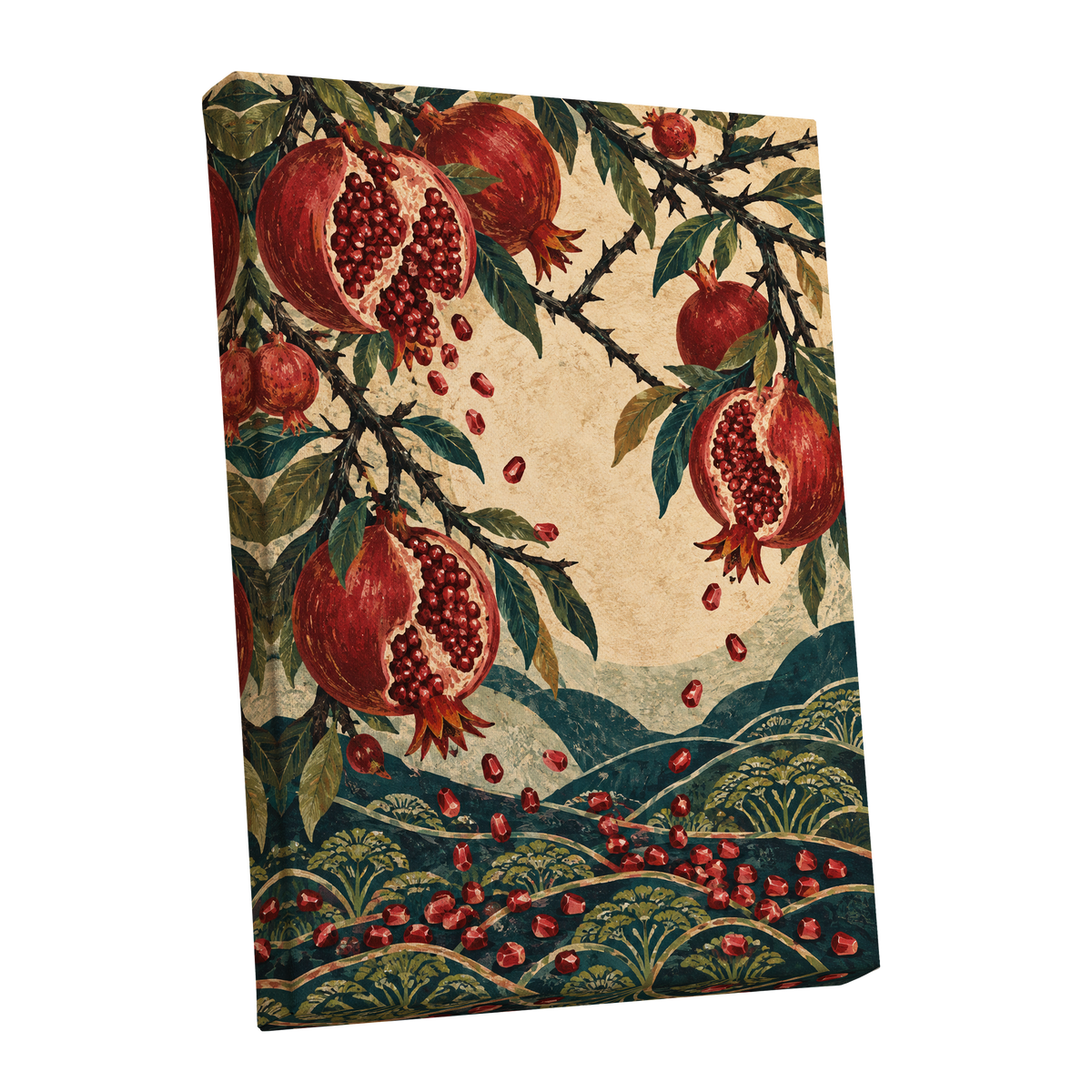 Pomegranate Cascade, red, green, beige nature wall art shown as a stretched canvas wall art
