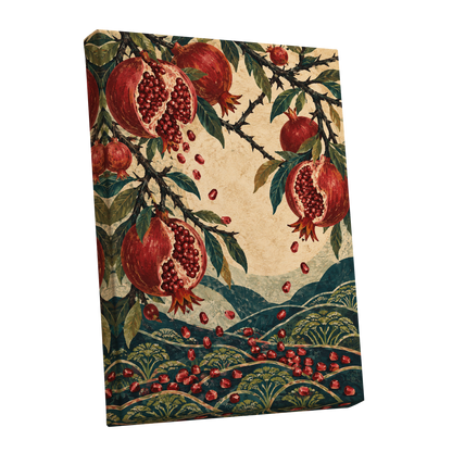 Pomegranate Cascade, red, green, beige nature wall art shown as a stretched canvas wall art