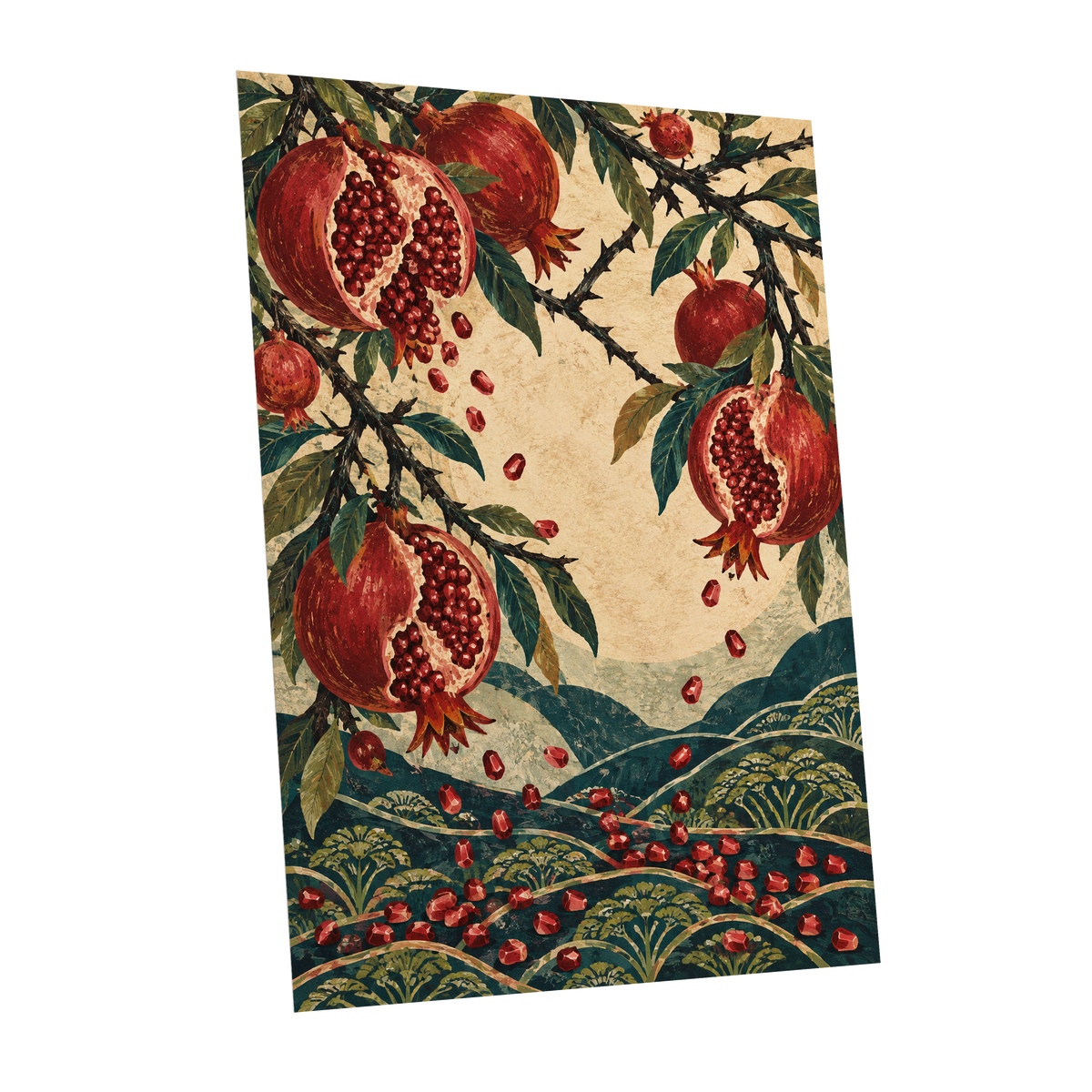 Pomegranate Cascade, red, green, beige nature wall art shown as a unframed poster wall art print
