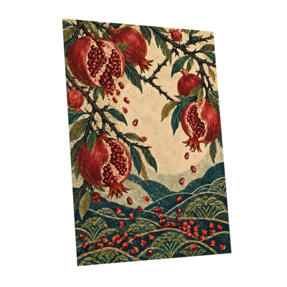 Pomegranate Cascade, red, green, beige nature wall art shown as a unframed poster wall art print