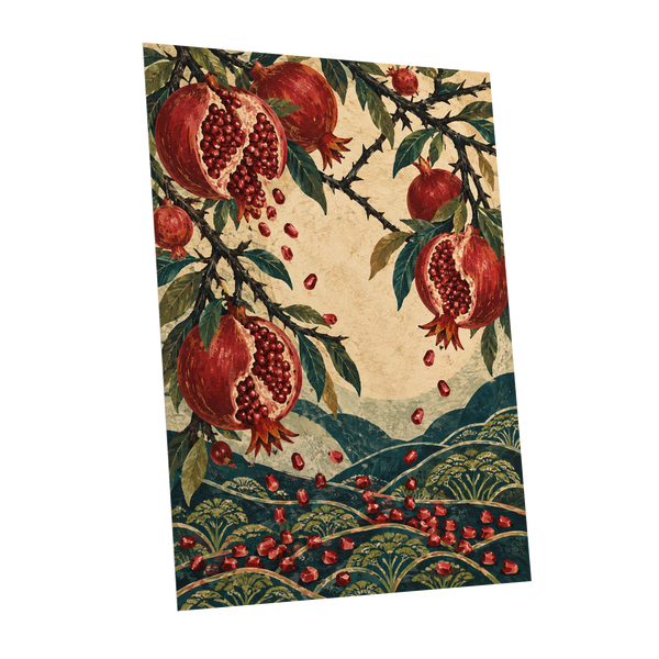 Pomegranate Cascade, red, green, beige nature wall art shown as a unframed poster wall art print