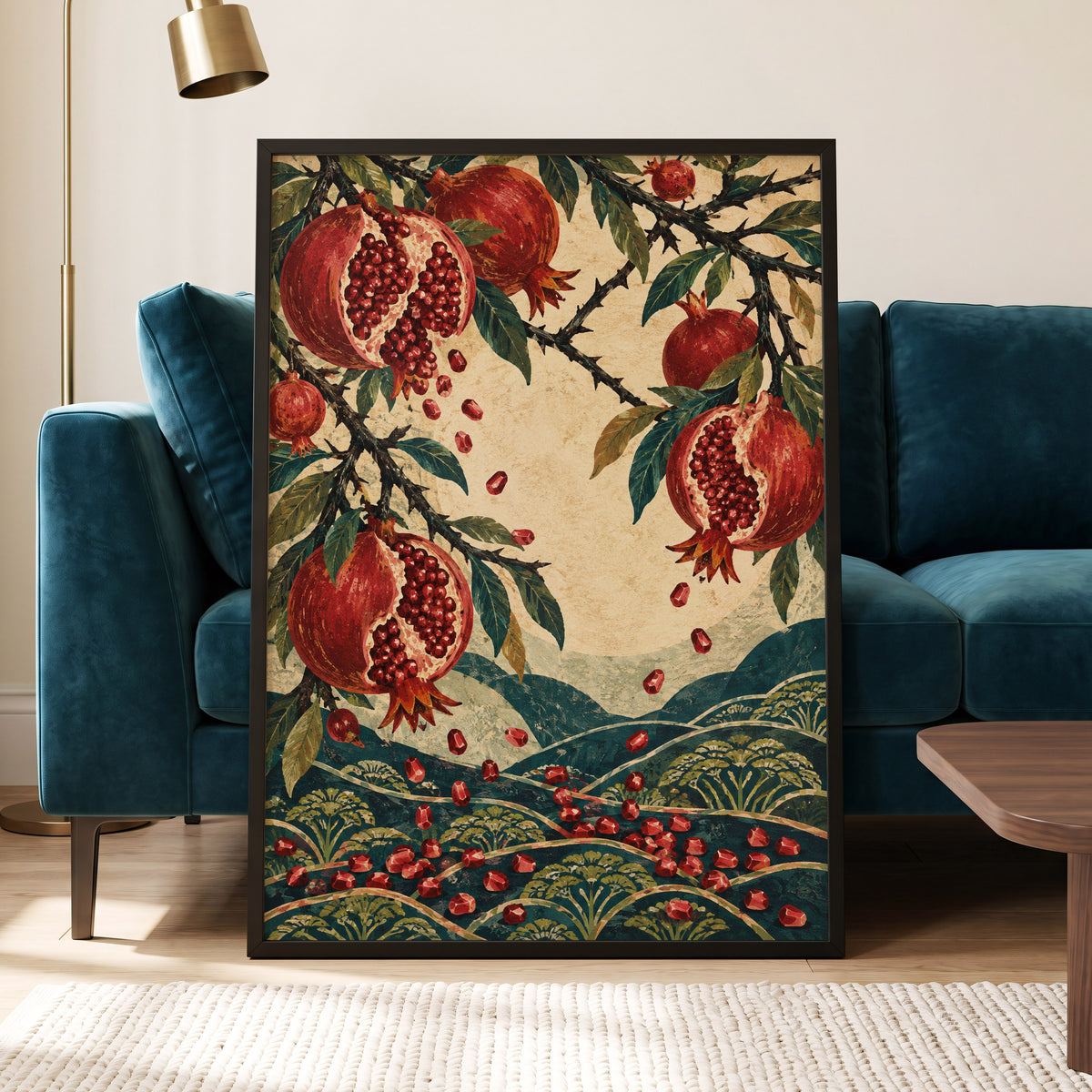 Pomegranate Cascade, red, green, beige nature wall art displayed in a styled interior, gallery view 2