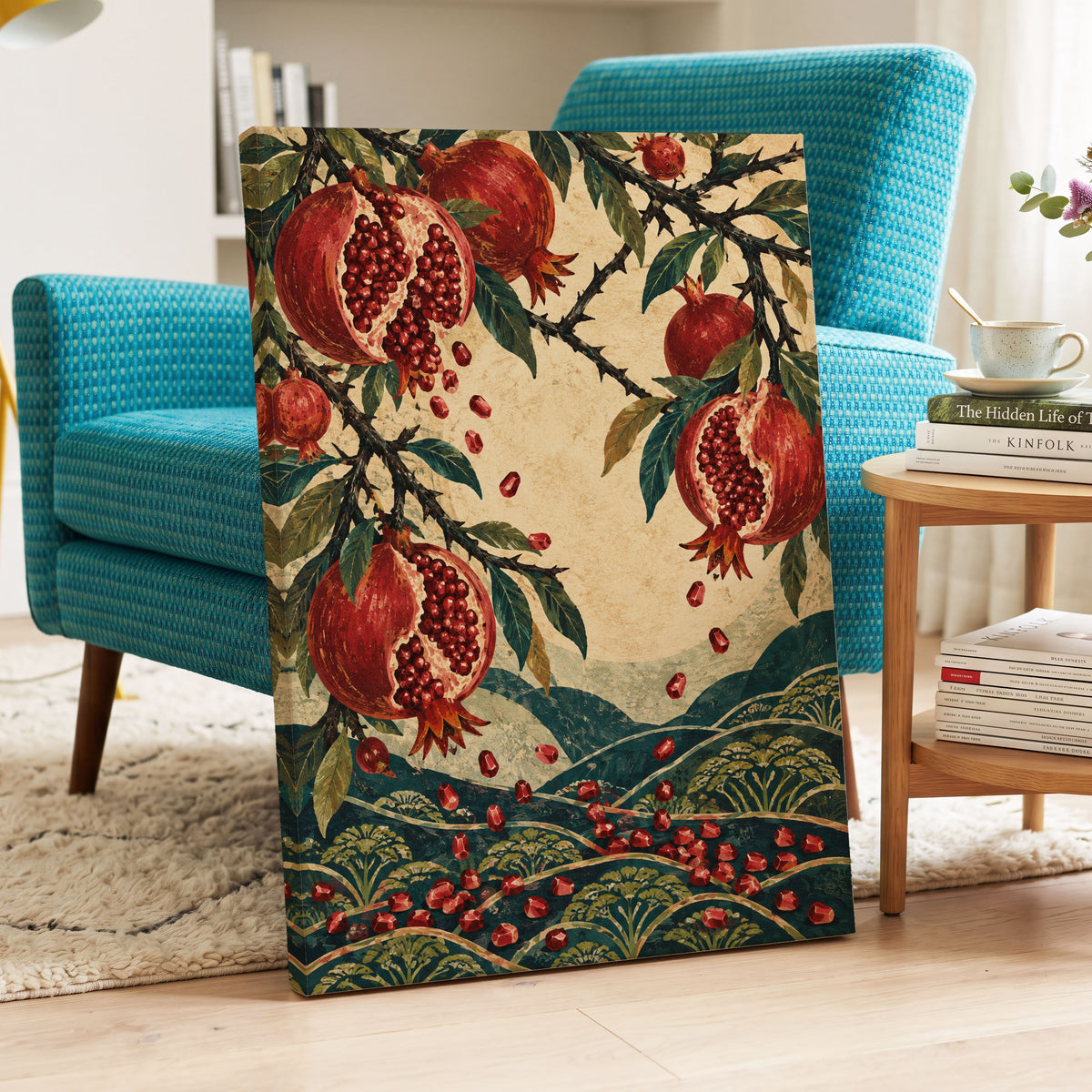 Pomegranate Cascade, red, green, beige nature wall art displayed in a styled interior, gallery view 3