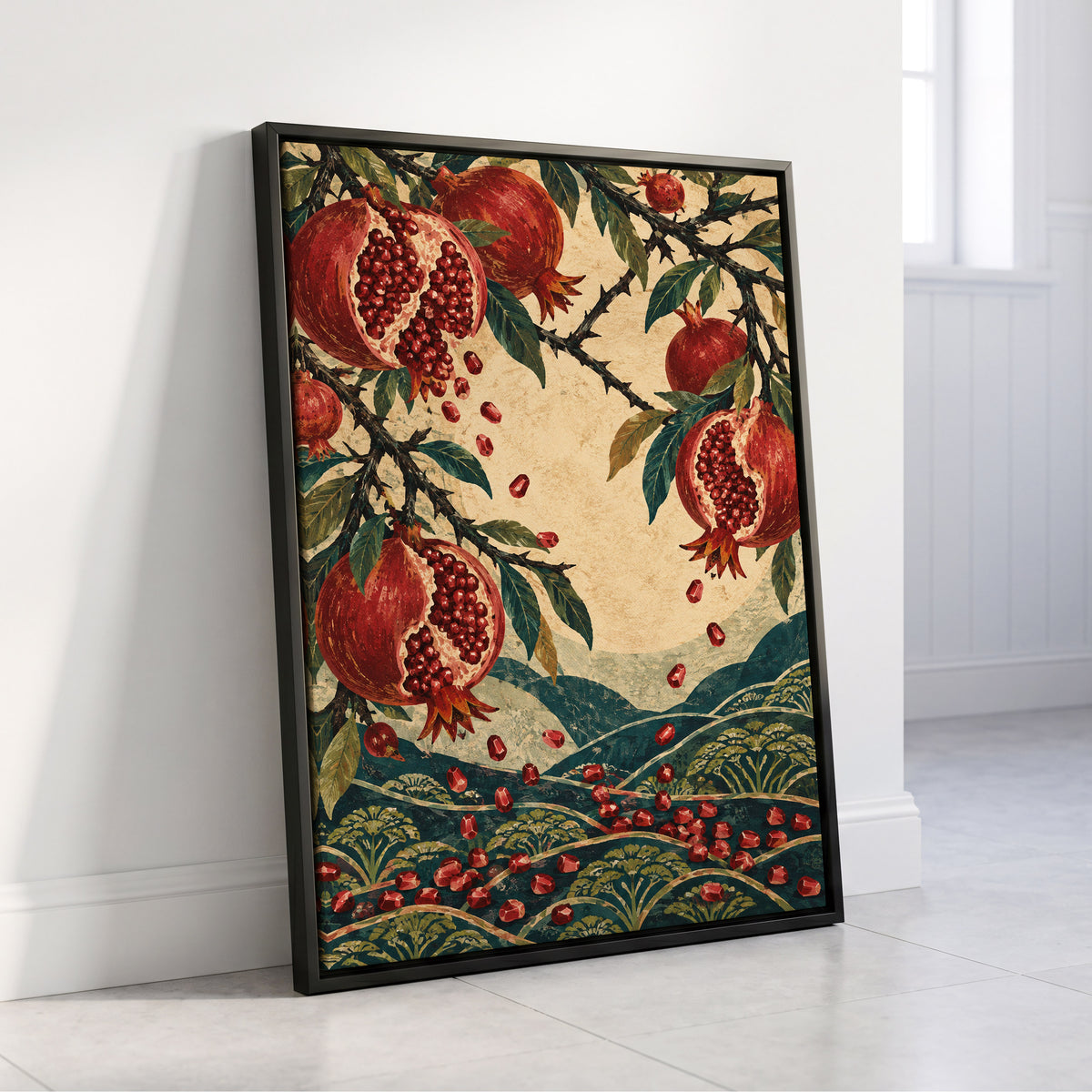 Pomegranate Cascade, red, green, beige nature wall art displayed in a styled interior, gallery view 4