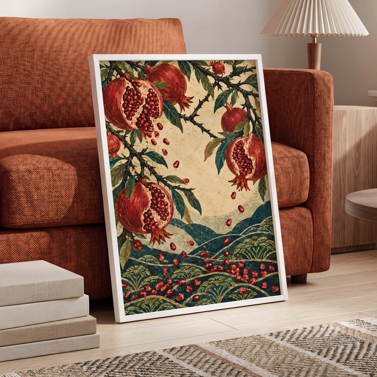Pomegranate Cascade, red, green, beige nature wall art displayed in a styled interior, gallery view 6