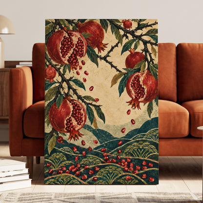 Pomegranate Cascade, red, green, beige nature wall art displayed in a styled interior, gallery view 7