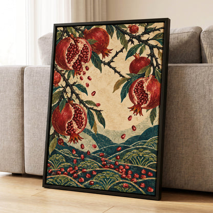 Pomegranate Cascade, red, green, beige nature wall art displayed in a styled interior, gallery view 8