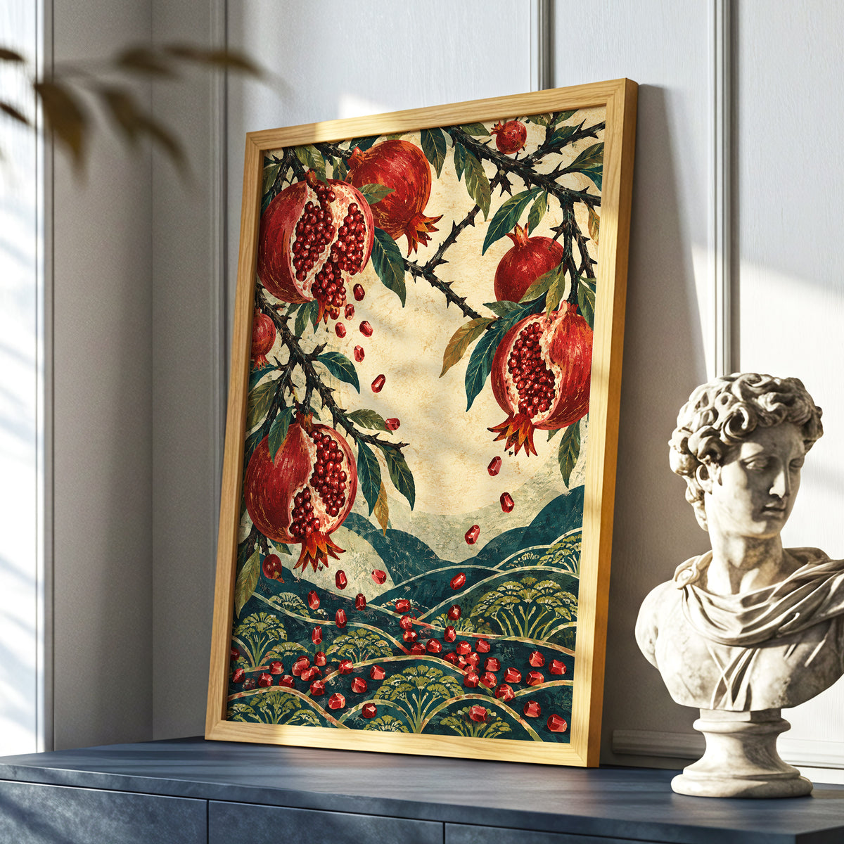 Pomegranate Cascade, red, green, beige nature wall art displayed in a styled interior, gallery view 9