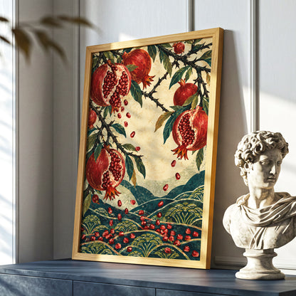 Pomegranate Cascade, red, green, beige nature wall art displayed in a styled interior, gallery view 9
