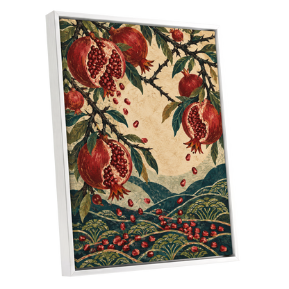 Pomegranate Cascade, red, green, beige nature wall art shown as a white framed canvas wall art