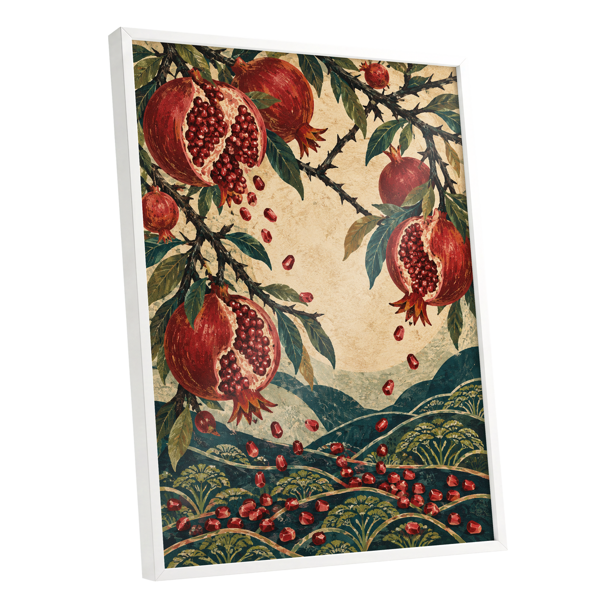 Pomegranate Cascade, red, green, beige nature wall art shown as a white framed poster wall art print