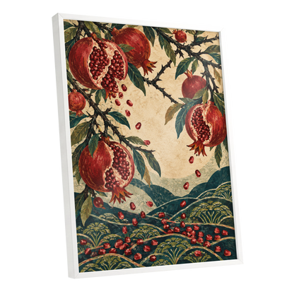 Pomegranate Cascade, red, green, beige nature wall art shown as a white framed poster wall art print