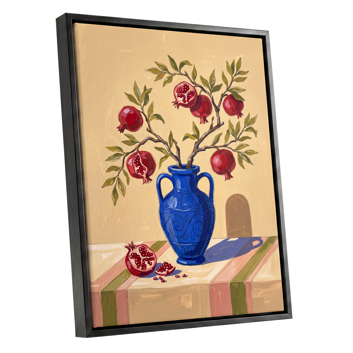 Pomegranate Reverie, beige, blue, red nature wall art shown as a black framed canvas wall art