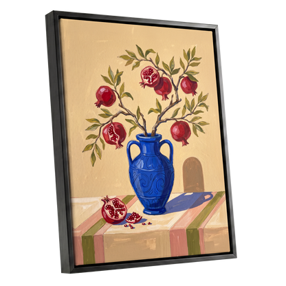 Pomegranate Reverie, beige, blue, red nature wall art shown as a black framed canvas wall art