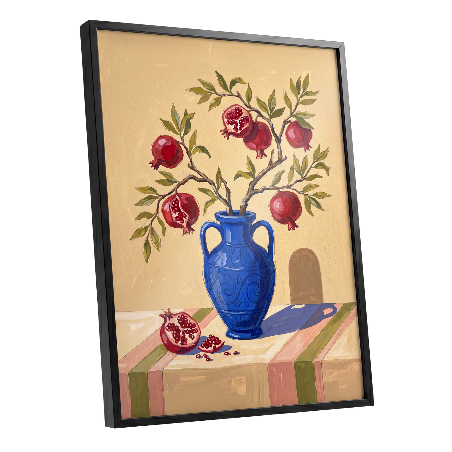 Pomegranate Reverie, beige, blue, red nature wall art shown as a black framed poster wall art print