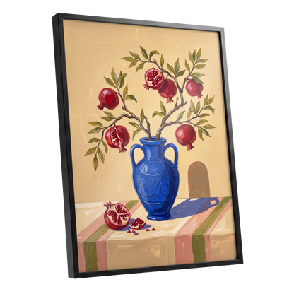Pomegranate Reverie, beige, blue, red nature wall art shown as a black framed poster wall art print