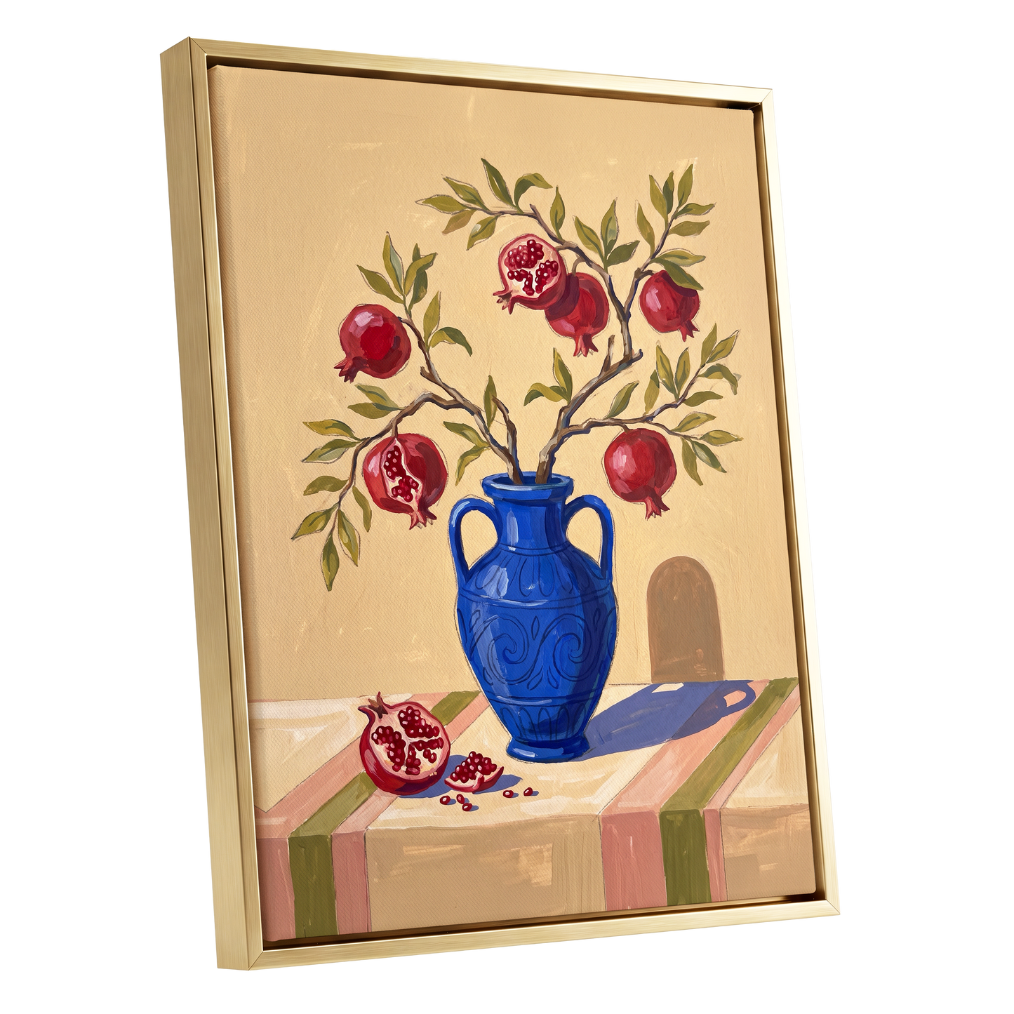 Pomegranate Reverie, beige, blue, red nature wall art shown as a gold framed canvas wall art