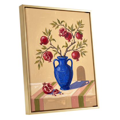Pomegranate Reverie, beige, blue, red nature wall art shown as a gold framed canvas wall art
