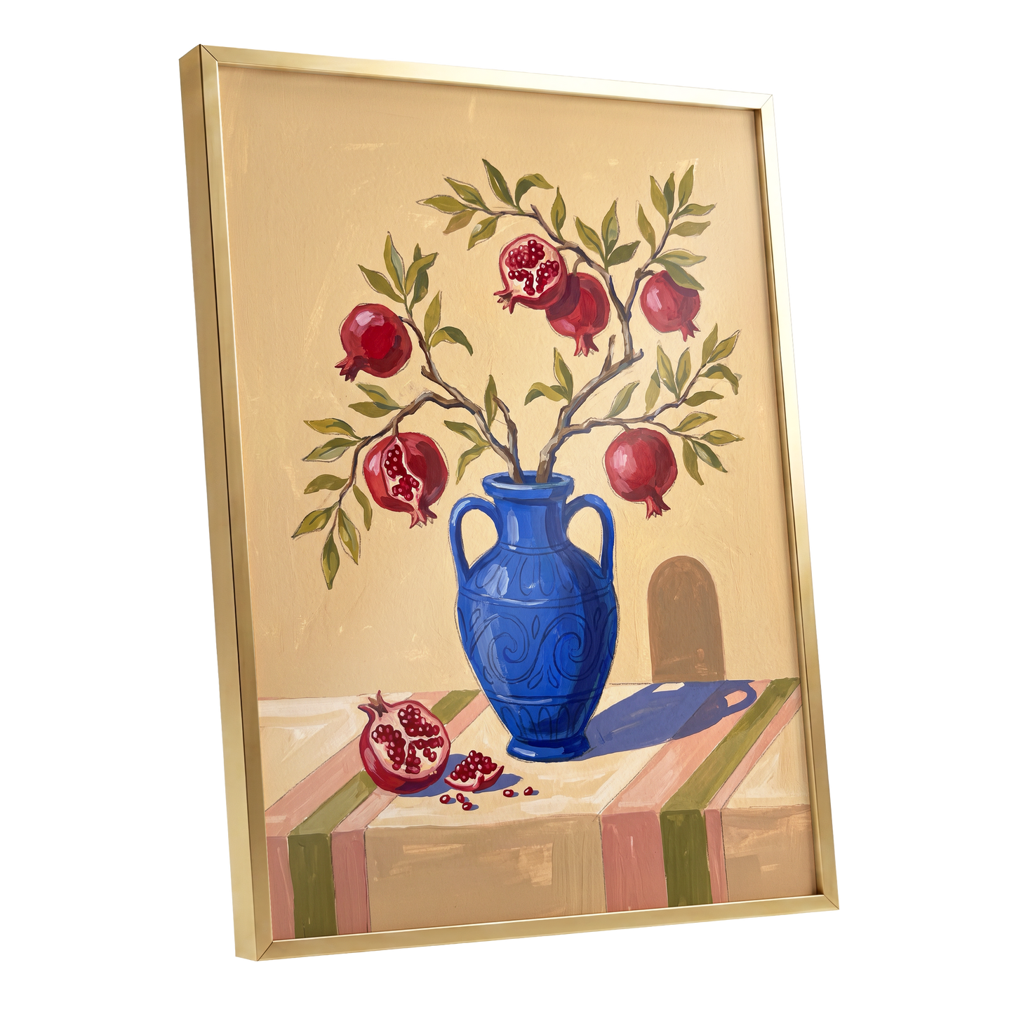 Pomegranate Reverie, beige, blue, red nature wall art shown as a gold framed poster wall art print
