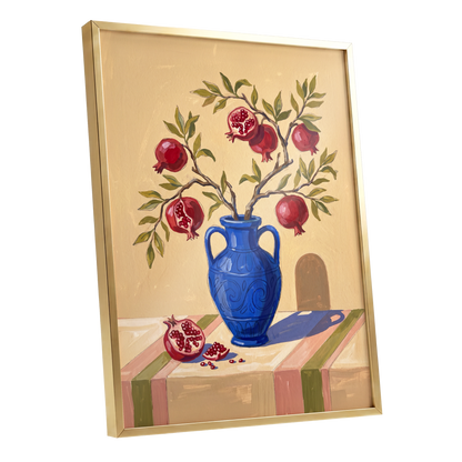 Pomegranate Reverie, beige, blue, red nature wall art shown as a gold framed poster wall art print