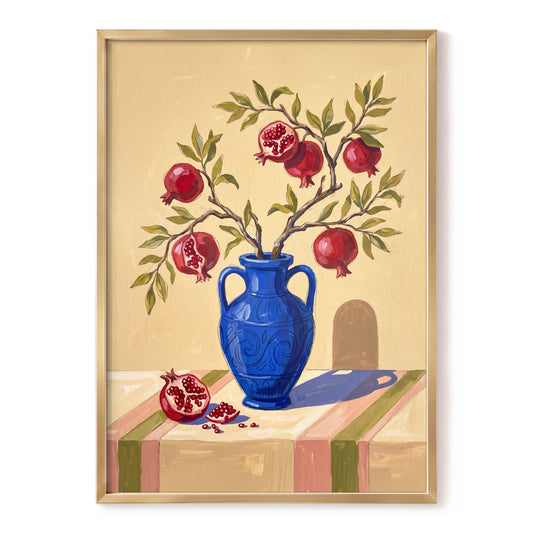 Pomegranate Reverie, beige, blue, red nature wall art, front artwork view