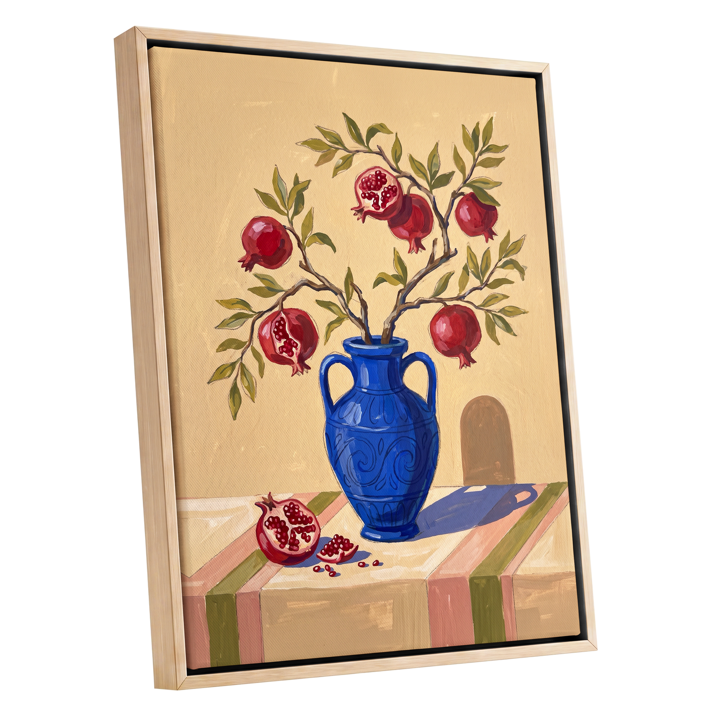 Pomegranate Reverie, beige, blue, red nature wall art shown as a oak framed canvas wall art