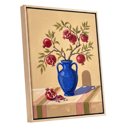 Pomegranate Reverie, beige, blue, red nature wall art shown as a oak framed canvas wall art