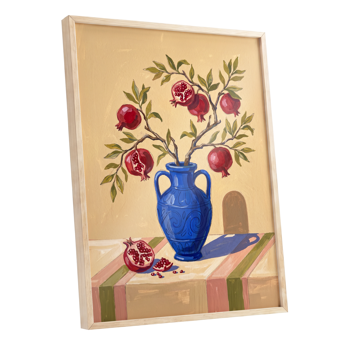 Pomegranate Reverie, beige, blue, red nature wall art shown as a oak framed poster wall art print