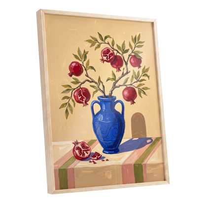 Pomegranate Reverie, beige, blue, red nature wall art shown as a oak framed poster wall art print