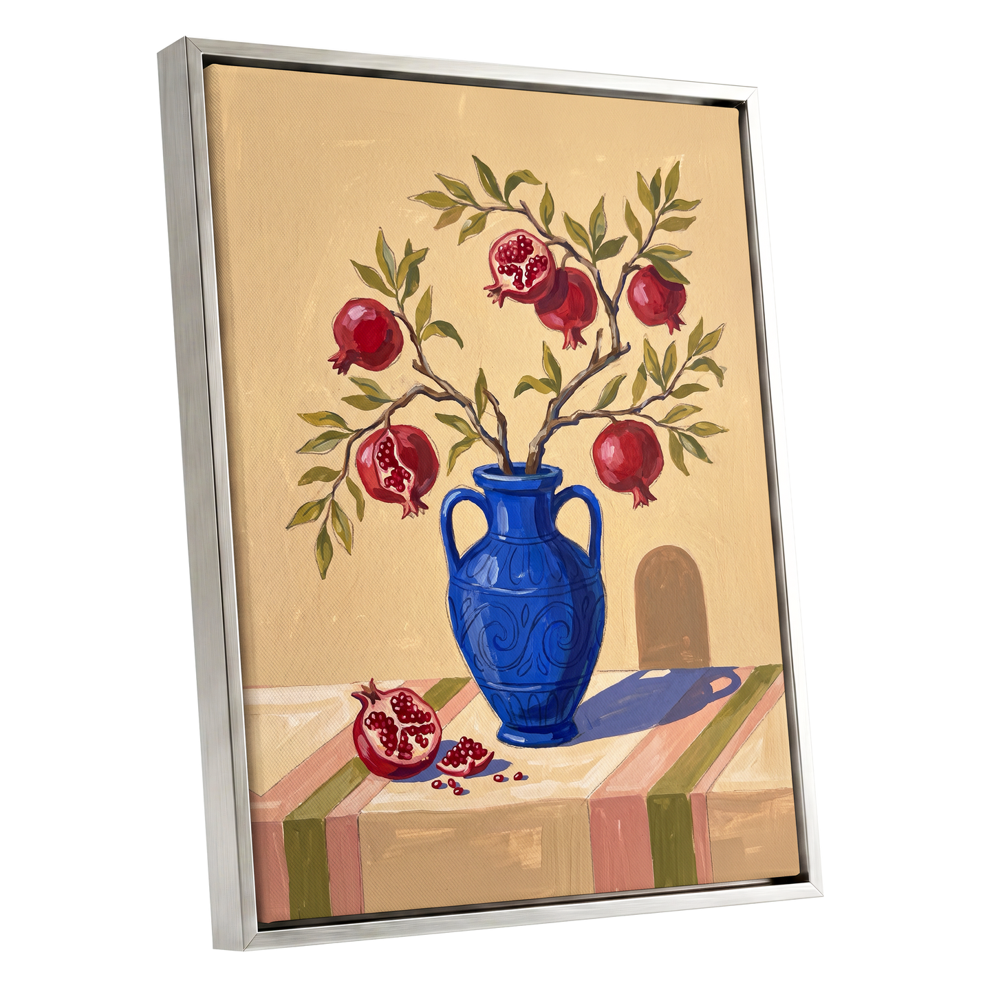 Pomegranate Reverie, beige, blue, red nature wall art shown as a silver framed canvas wall art