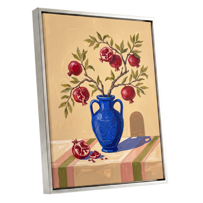 Pomegranate Reverie, beige, blue, red nature wall art shown as a silver framed canvas wall art