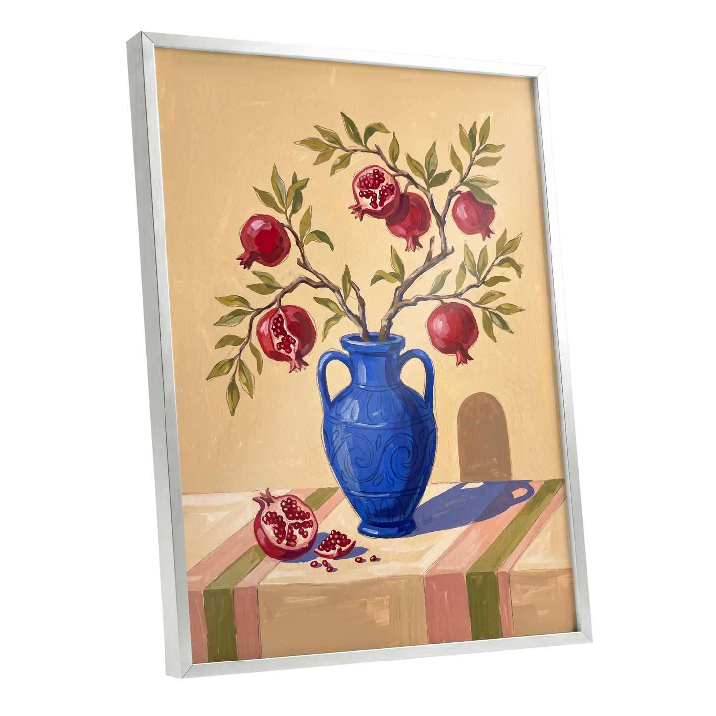 Pomegranate Reverie, beige, blue, red nature wall art shown as a silver framed poster wall art print