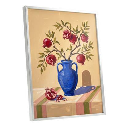 Pomegranate Reverie, beige, blue, red nature wall art shown as a silver framed poster wall art print