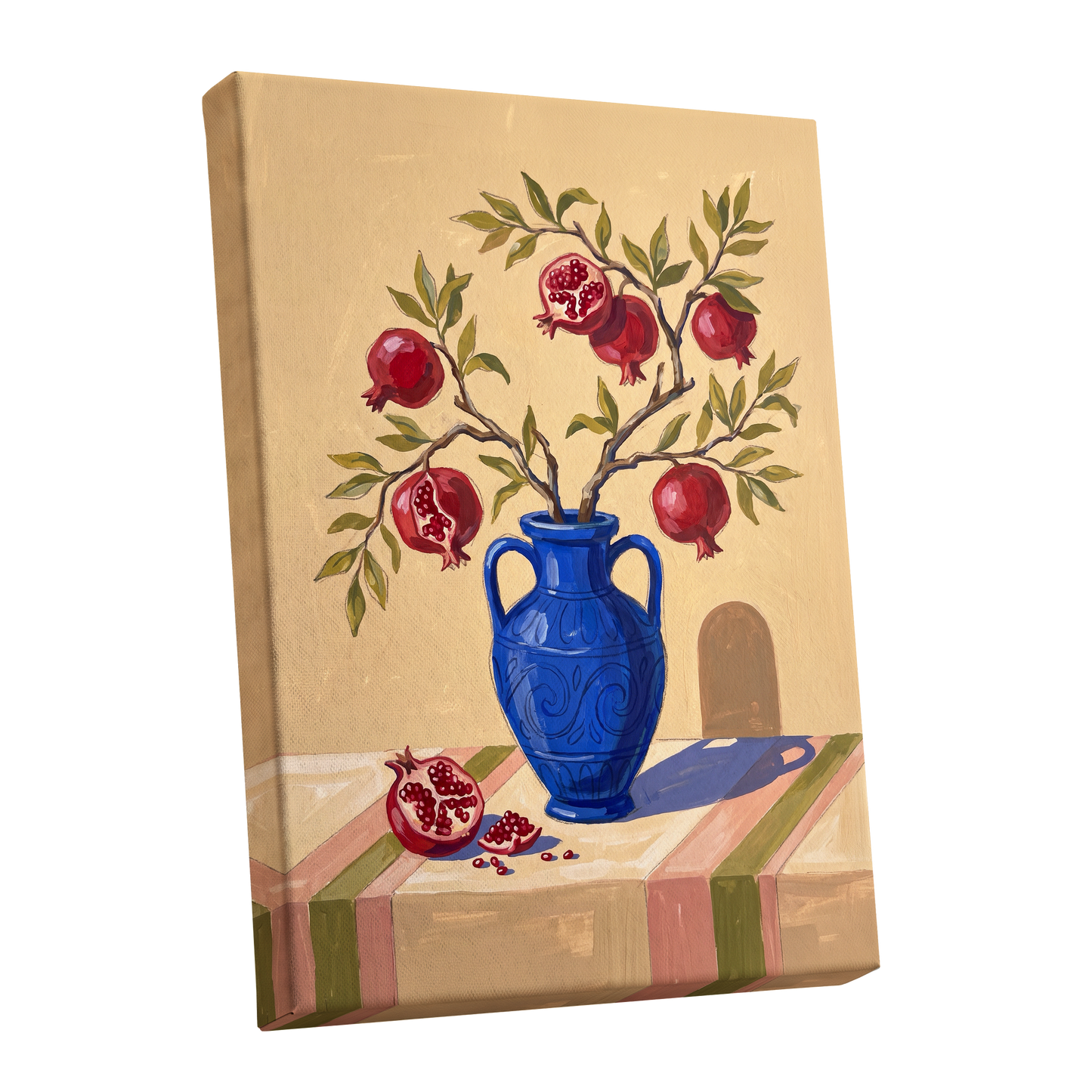 Pomegranate Reverie, beige, blue, red nature wall art shown as a stretched canvas wall art