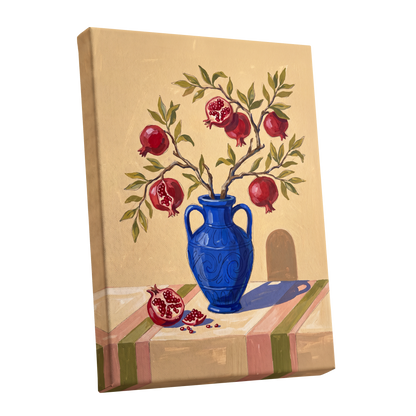 Pomegranate Reverie, beige, blue, red nature wall art shown as a stretched canvas wall art