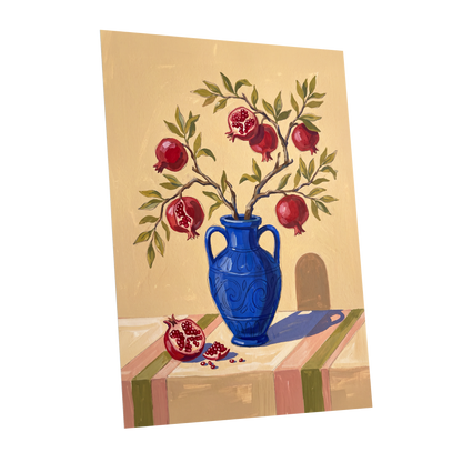 Pomegranate Reverie, beige, blue, red nature wall art shown as a unframed poster wall art print