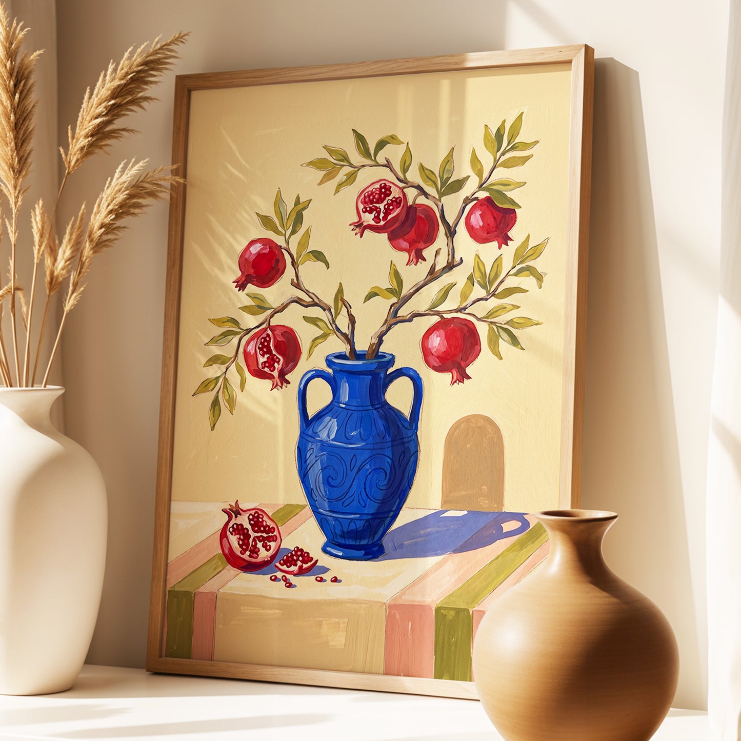 Pomegranate Reverie, beige, blue, red nature wall art displayed in a styled interior, gallery view 2