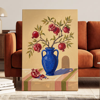 Pomegranate Reverie, beige, blue, red nature wall art displayed in a styled interior, gallery view 3