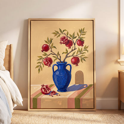 Pomegranate Reverie, beige, blue, red nature wall art displayed in a styled interior, gallery view 4