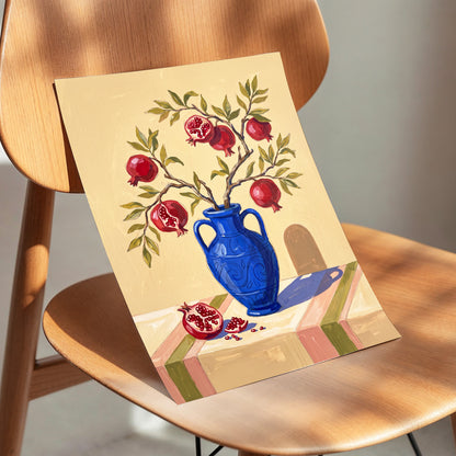 Pomegranate Reverie, beige, blue, red nature wall art displayed in a styled interior, gallery view 5