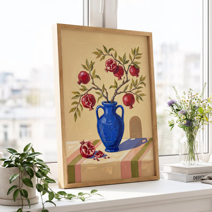Pomegranate Reverie, beige, blue, red nature wall art displayed in a styled interior, gallery view 6
