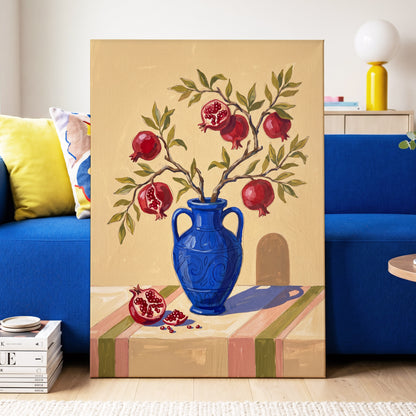 Pomegranate Reverie, beige, blue, red nature wall art displayed in a styled interior, gallery view 7