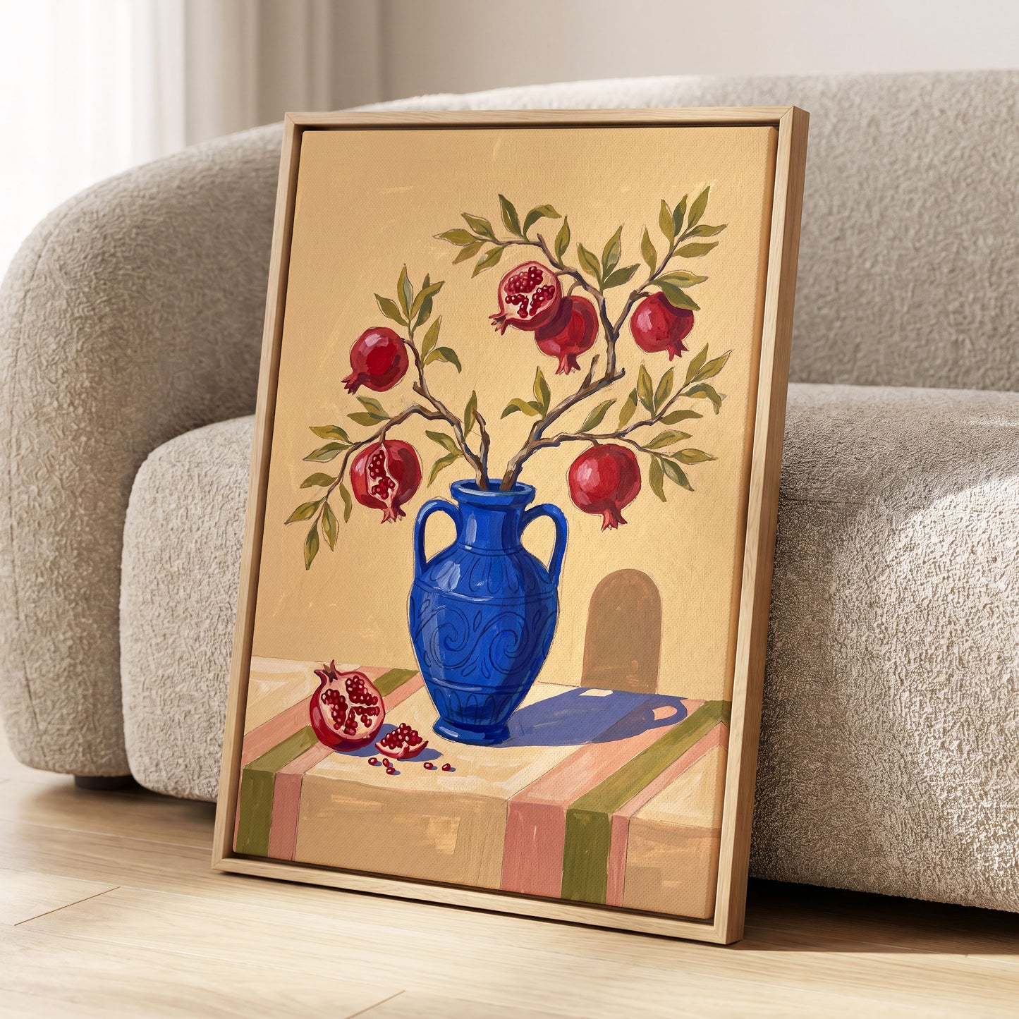 Pomegranate Reverie, beige, blue, red nature wall art displayed in a styled interior, gallery view 8