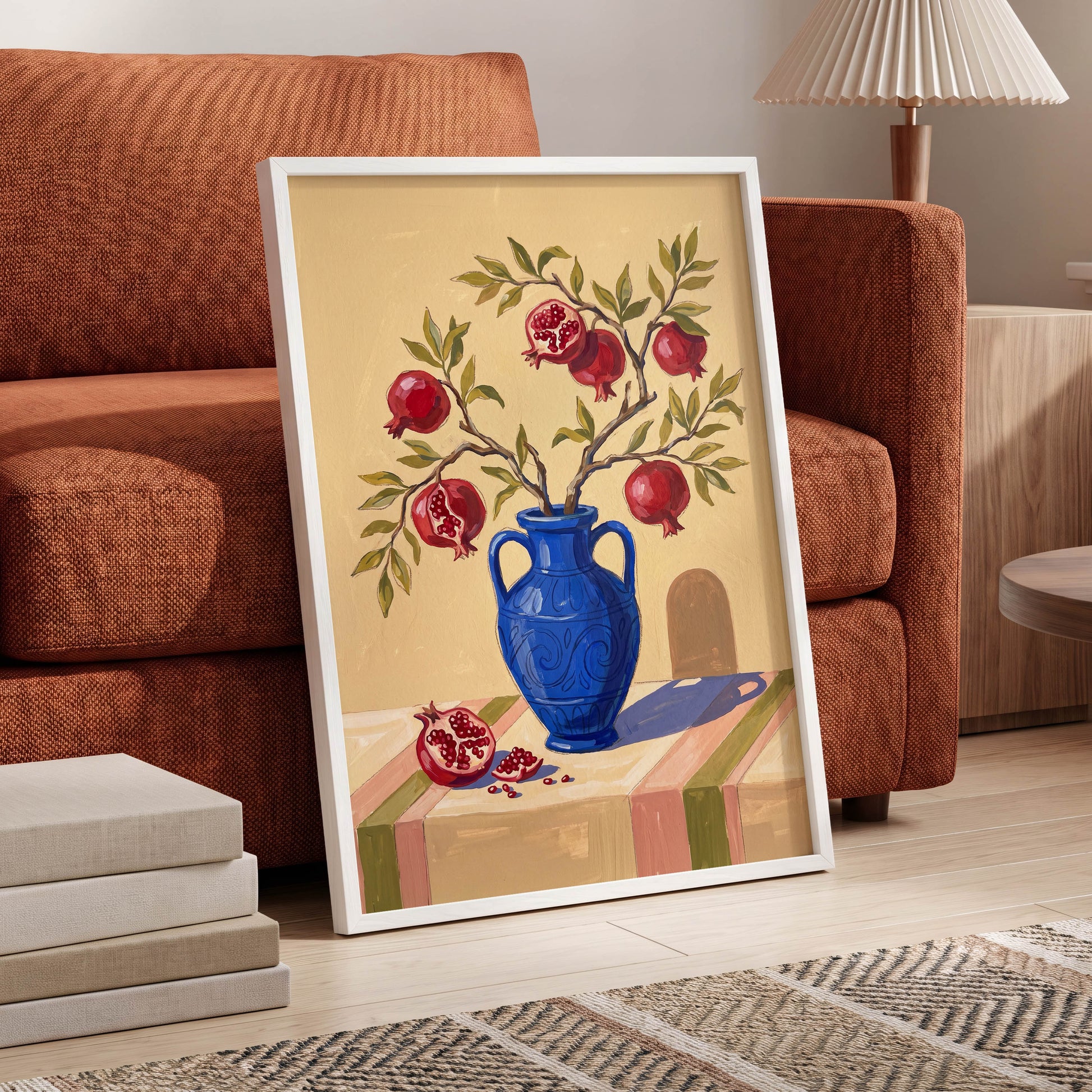 Pomegranate Reverie, beige, blue, red nature wall art displayed in a styled interior, gallery view 9