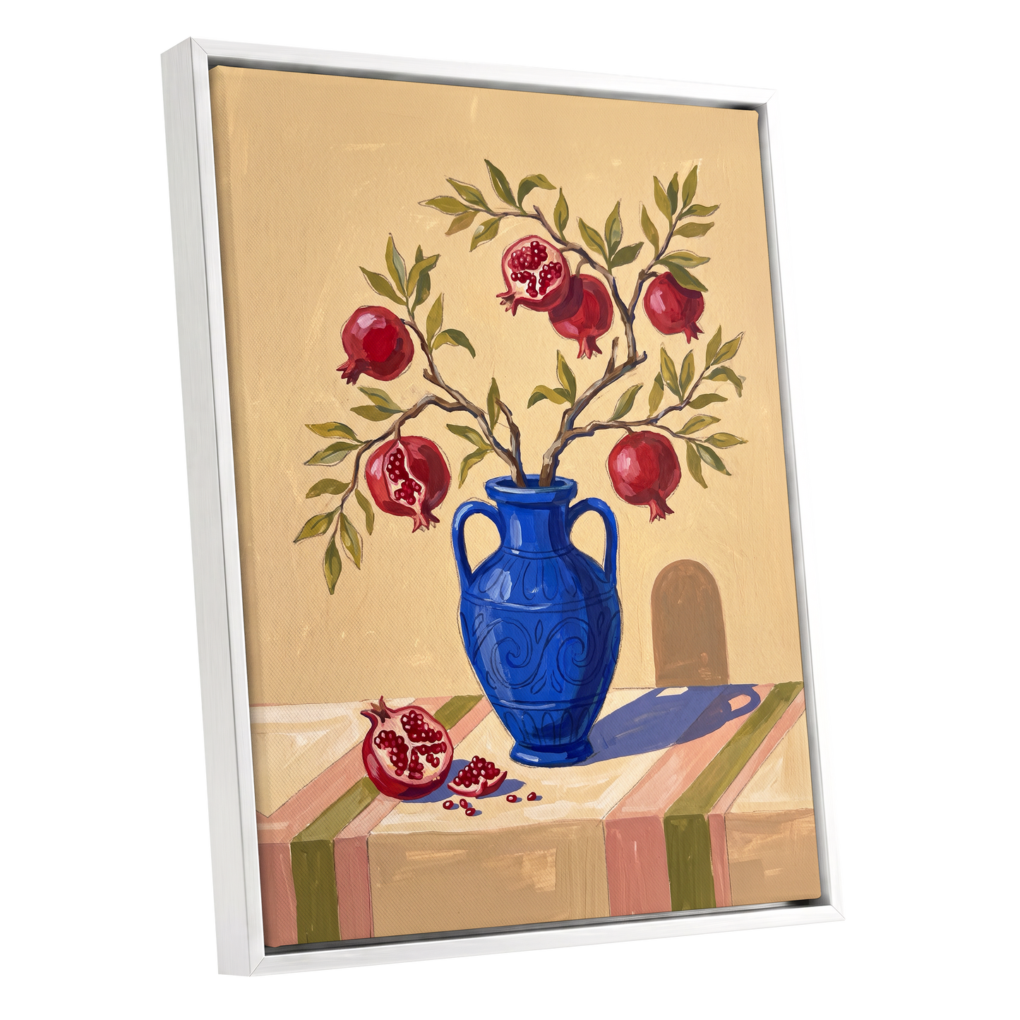 Pomegranate Reverie, beige, blue, red nature wall art shown as a white framed canvas wall art