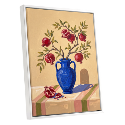 Pomegranate Reverie, beige, blue, red nature wall art shown as a white framed canvas wall art