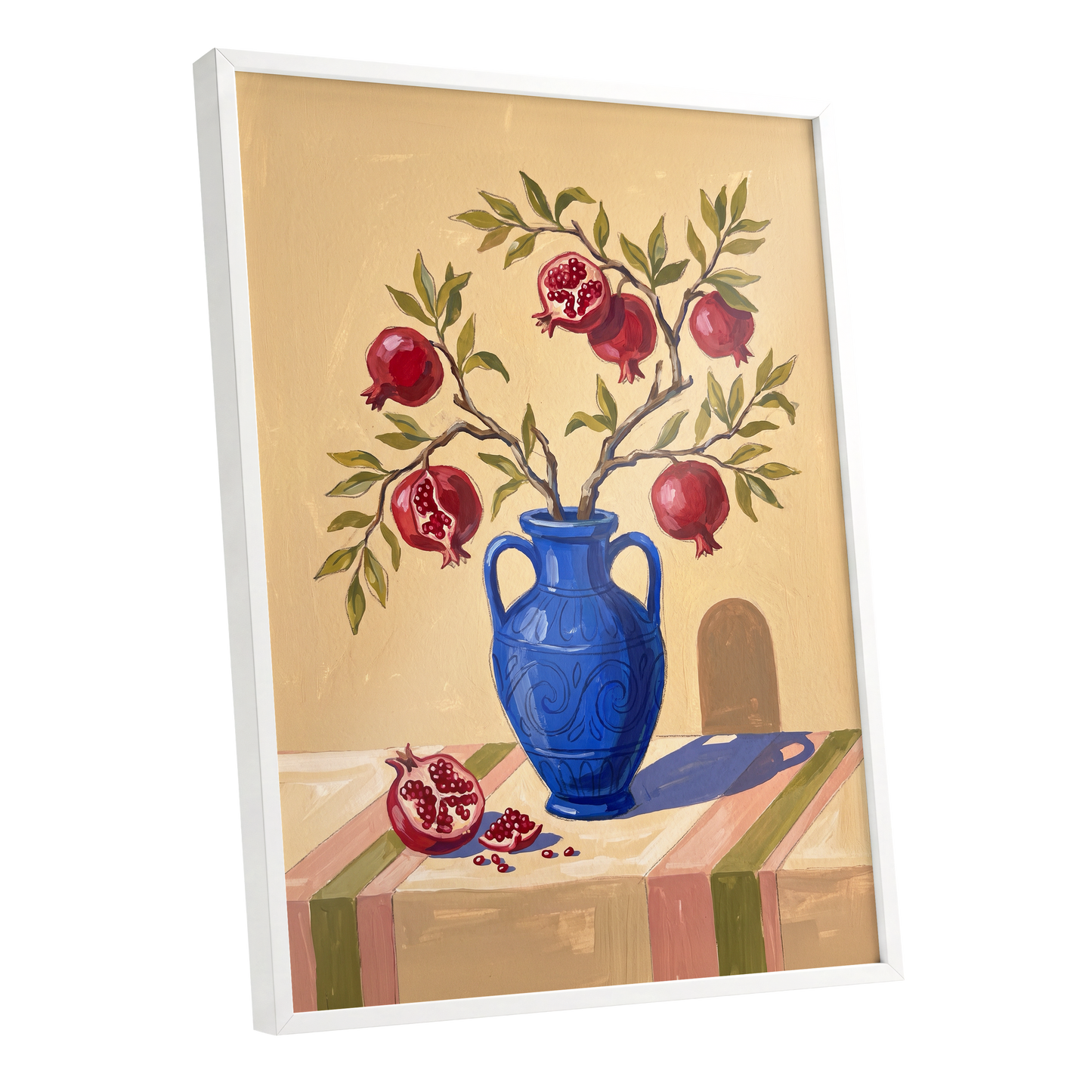 Pomegranate Reverie, beige, blue, red nature wall art shown as a white framed poster wall art print