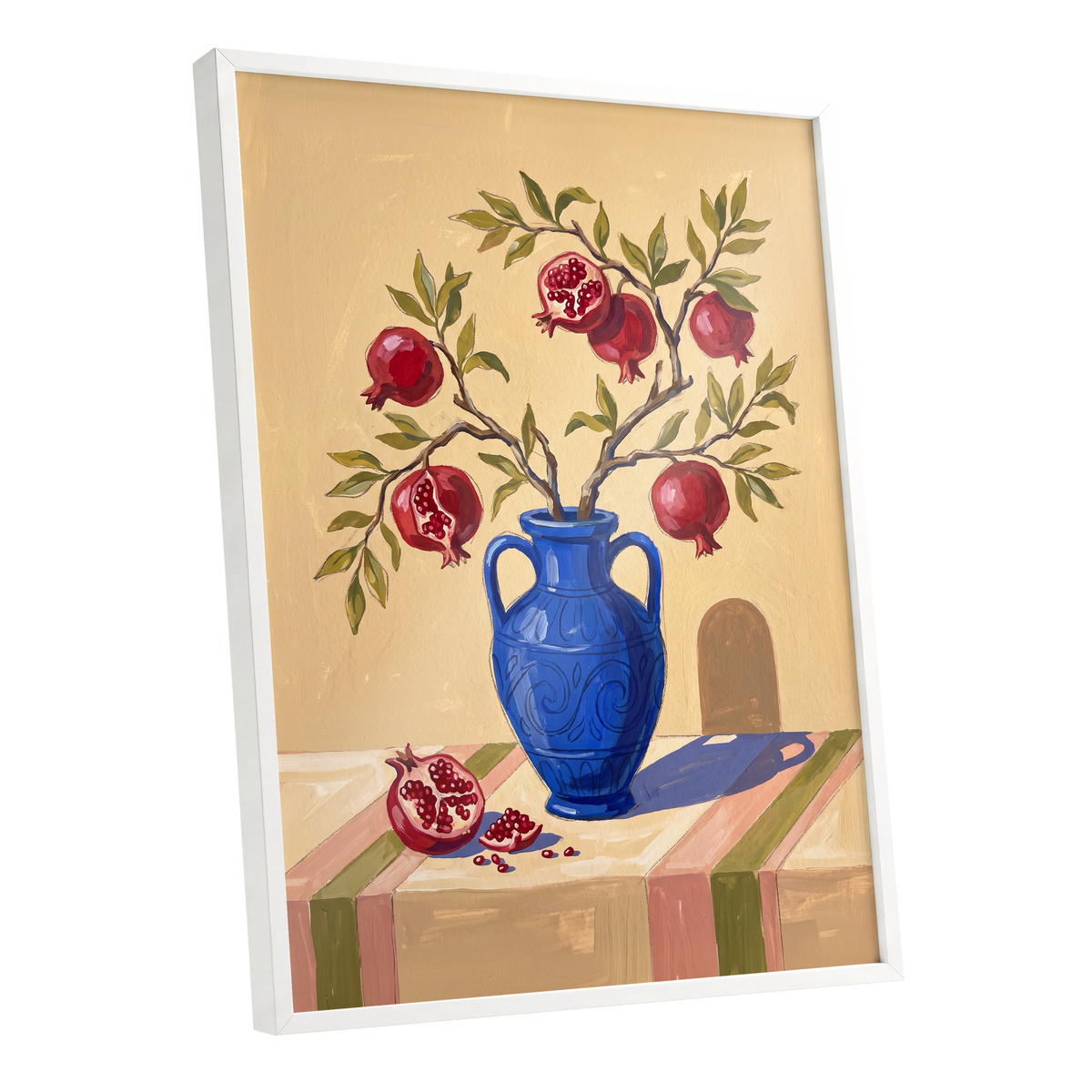 Pomegranate Reverie, beige, blue, red nature wall art shown as a white framed poster wall art print