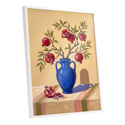 Pomegranate Reverie, beige, blue, red nature wall art shown as a white framed poster wall art print