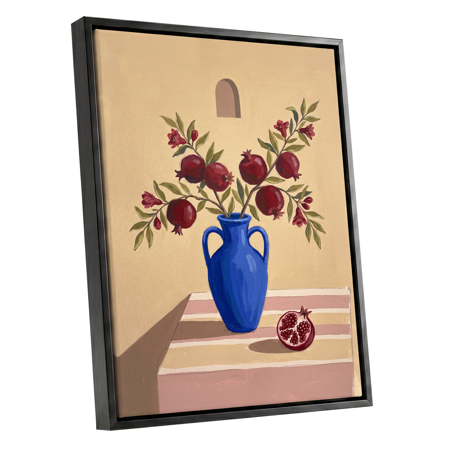 Pomegranates in Cobalt, beige, blue, red floral wall art shown as a black framed canvas wall art